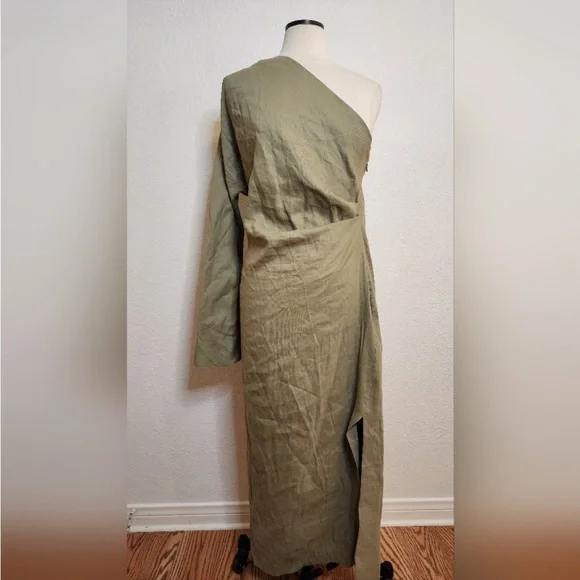 Zara Linen Khaki Green One shoulder dress! Brand New With Tags!! - Picture 3 of 5